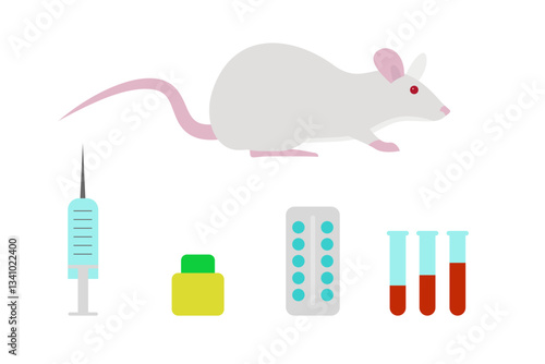 Laboratory mouse, medical experiments, syringe, pills and test tubes