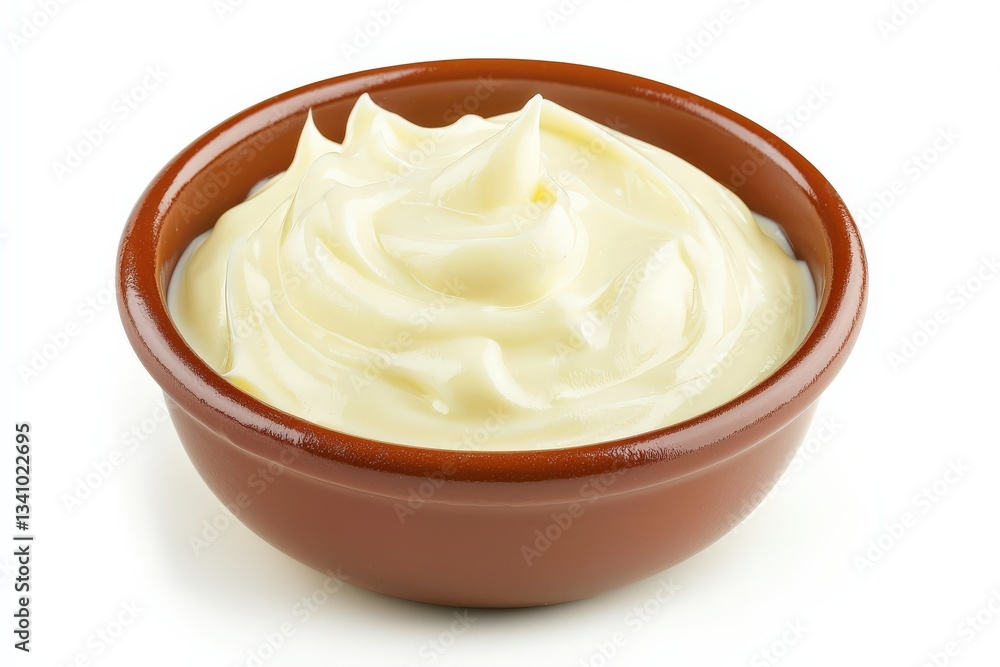 Creamy texture of mayonnaise in a brown ceramic bowl on white background Creamy texture of mayonnaise in a brown ceramic bowl on white background