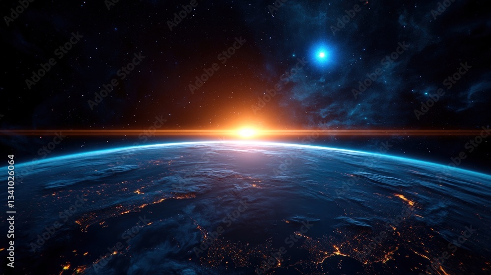 Earth rising, sunrise view from space Earth rising, sunrise view from space