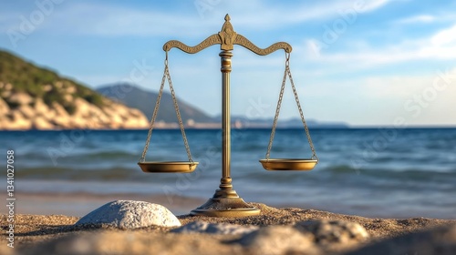 A golden scale of justice stands gracefully on the beach, symbolizing balance and fairness, with the serene ocean and mountains providing a tranquil backdrop of nature's beauty.