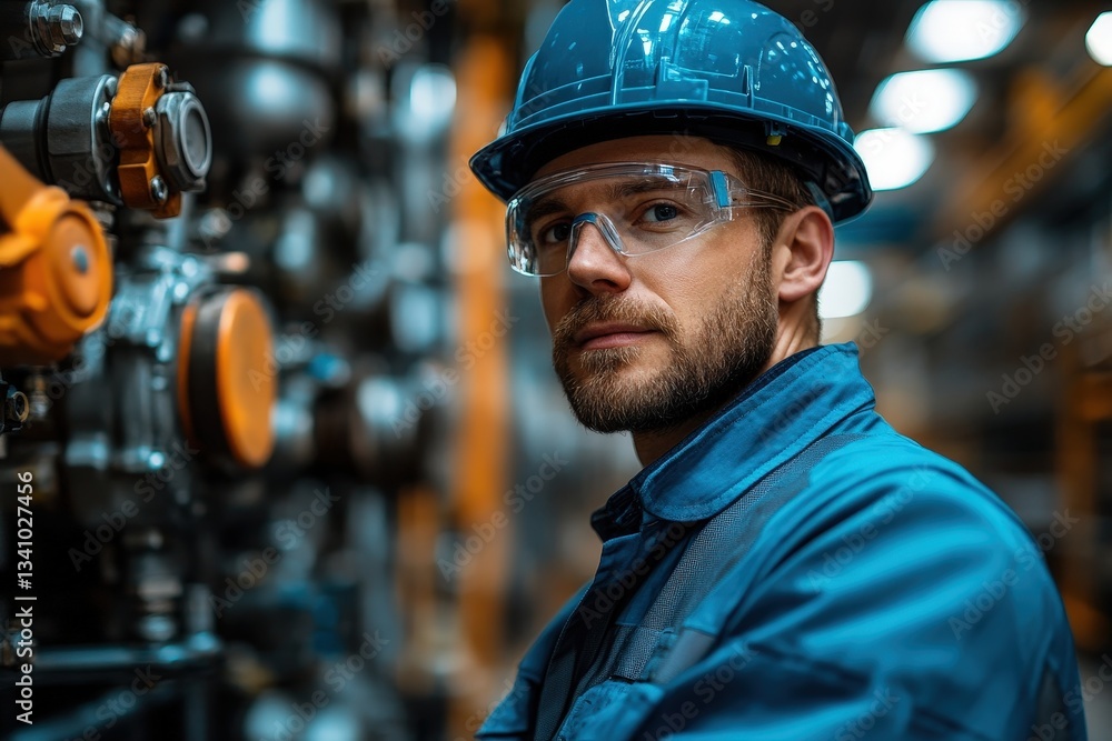 Engineer Analyzing Scada Data on System to Predict Maintenance, Wearing Safety Glasses and Hard Hat, Focusing on Industrial Process Controls Engineer Analyzing Scada Data on System to Predict Maintenance, Wearing Safety Glasses and Hard Hat, Focusing on Industrial Process Controls