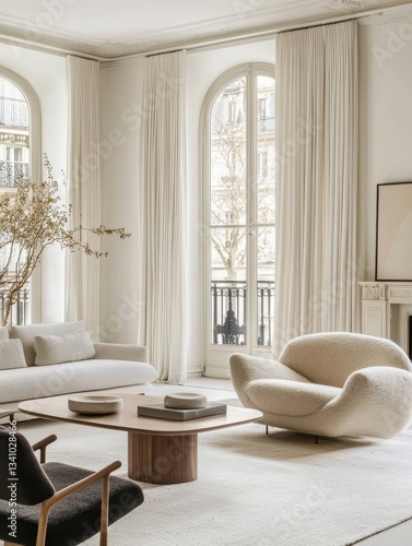 A minimalist interior featuring a modern living room space