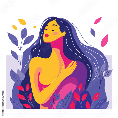 A beautiful young woman with long hair, surrounded by the leaves of plants.