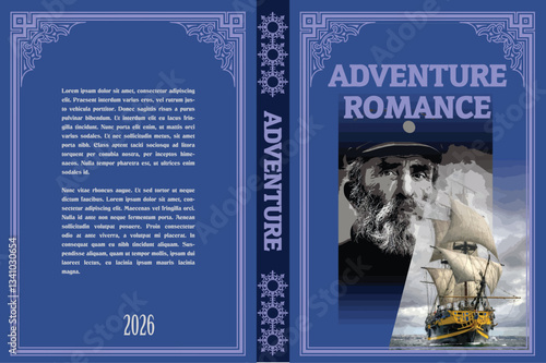 005-39-Book cover design for an adventure romance novel, featuring a sailing ship and the portrait of a sea captain