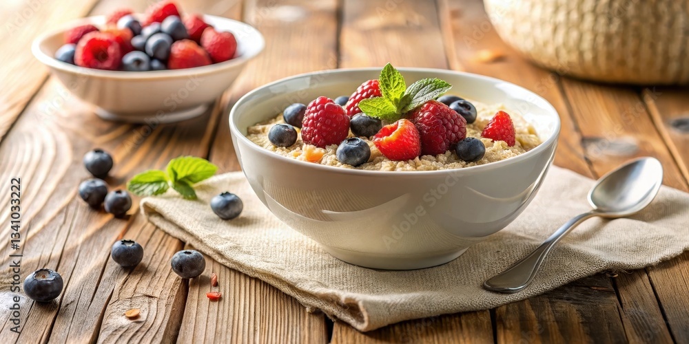A delightful bowl of creamy porridge topped with fresh raspberries and blueberries, garnished with a sprig of mint, served on a rustic wooden table A delightful bowl of creamy porridge topped with fresh raspberries and blueberries, garnished with a sprig of mint, served on a rustic wooden table