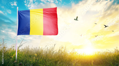 Obraz na plátně Romania flag textile cloth fabric waving on the top sunrise mist fog