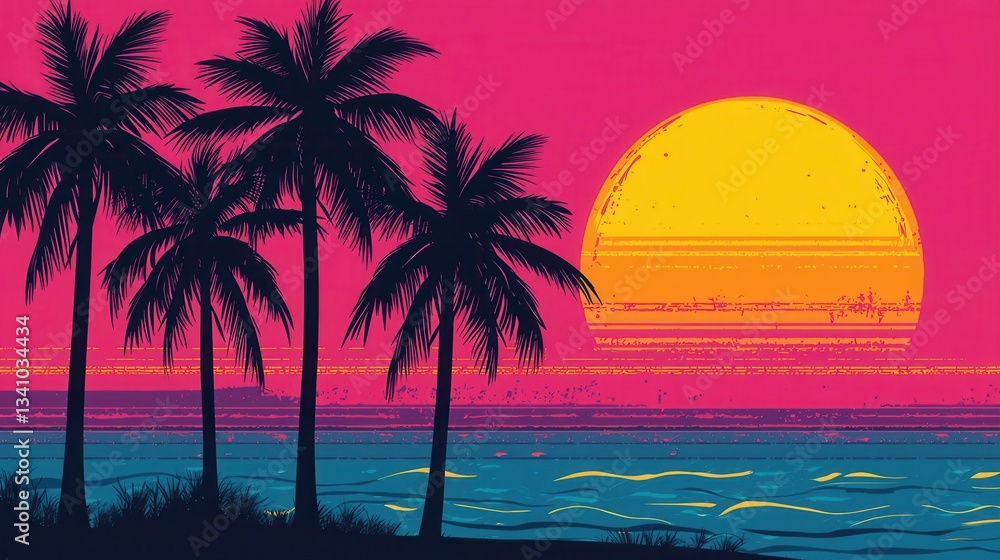 Naklejka premium Vibrant Sunset Over Ocean with Palm Trees in Neon Colors