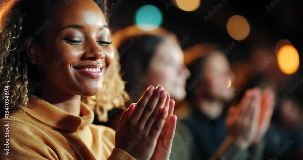 Close-up of a young woman with curly hair wearing a yellow sweater, smiling and clapping her hands in applause during a performance. Warm lighting, blurred background of other audience members also Close-up of a young woman with curly hair wearing a yellow sweater, smiling and clapping her hands in applause during a performance. Warm lighting, blurred background of other audience members also