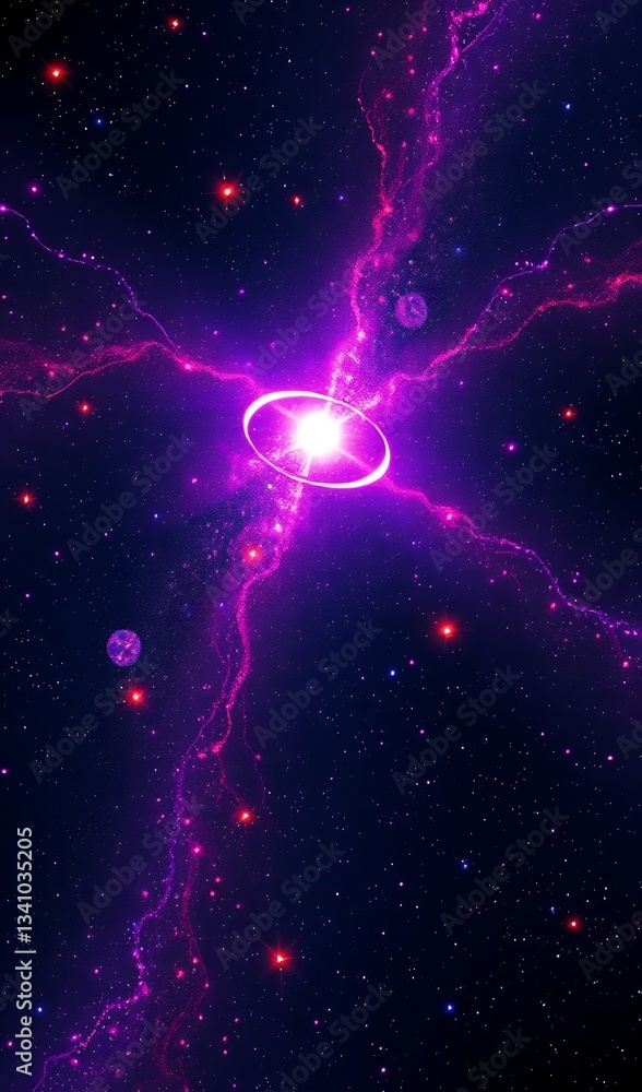 Fototapeta premium Vibrant purple cosmic energy bursts radiantly through dark space. AI Generated