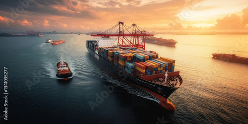 Container ship in port at sunset. Large cargo vessel loaded with colorful containers approaching harbor. Global trade, maritime logistics, international shipping industry. Sea freight transportation