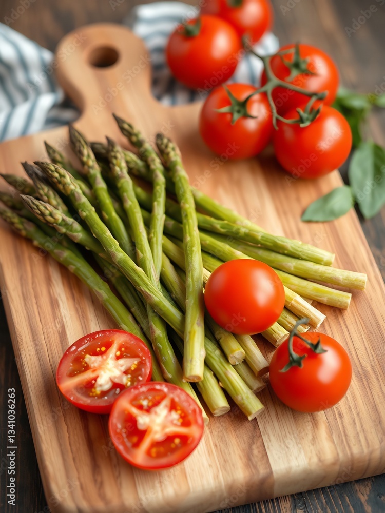 Vibrant green asparagus and juicy red tomatoes arranged beautifully on warm wood cutting board. AI Generated Vibrant green asparagus and juicy red tomatoes arranged beautifully on warm wood cutting board. AI Generated