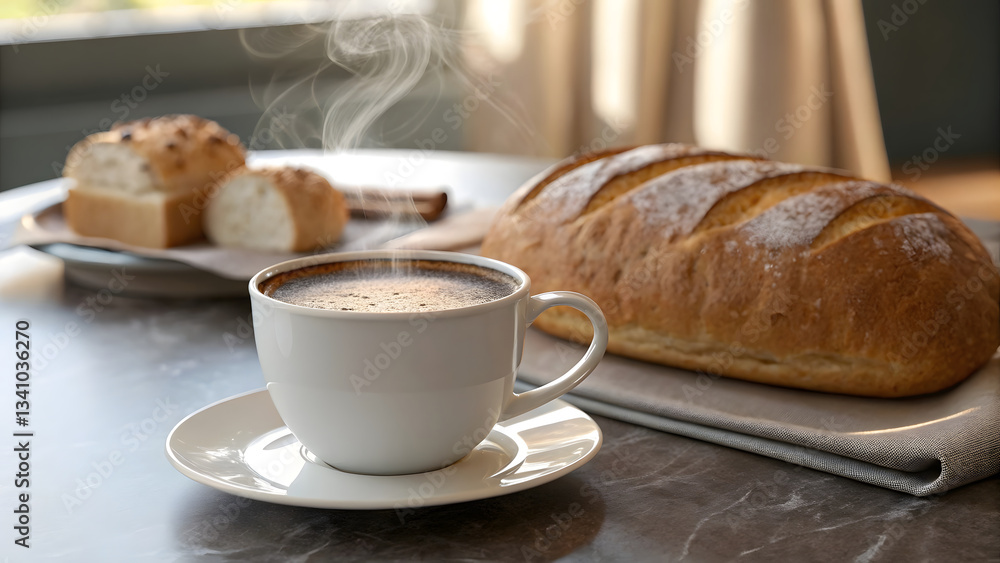 cup of coffee and breads on table cup of coffee and breads on table
