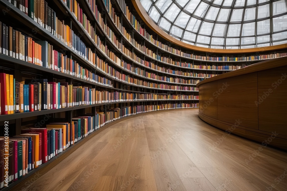 Obraz premium Spiral bookshelves in a hyper modern futuristic library interior design The curved symmetrical shelves showcase a vast collection of books creating an abstract architectural aesthetic