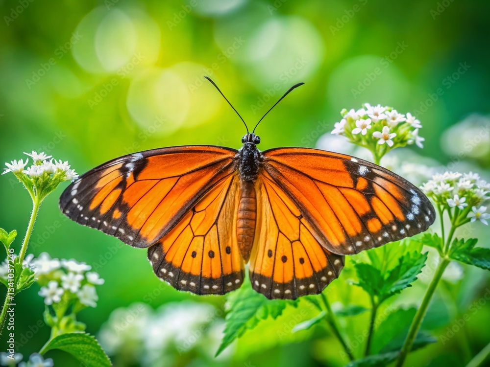 Vibrant Orange Butterfly on Green Leaf with Delicate Flowers - High Depth of Field Stock Photo Vibrant Orange Butterfly on Green Leaf with Delicate Flowers - High Depth of Field Stock Photo