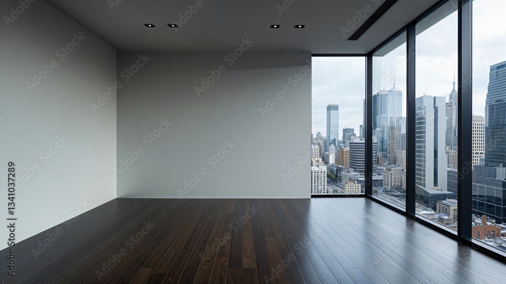 Fototapeta premium Empty Modern Room with Stunning City View Through Large Windows