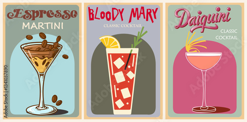 Set of cocktail posters in retro style. Bloody mary, Espresso Martini, Daiquiri popular alcohol drinks vector art illustration