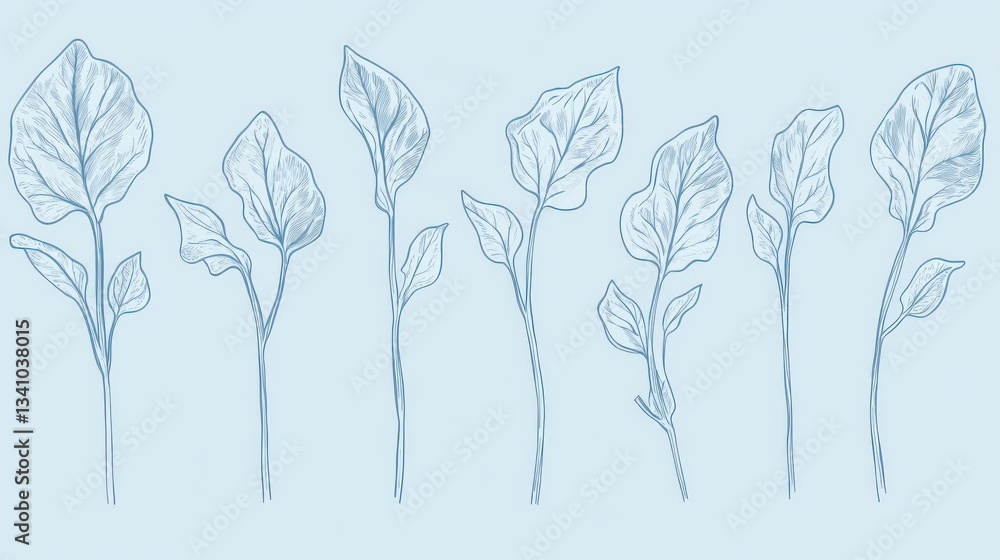 Naklejka premium Delicate Pastel Blue Line Art Botanical Illustration