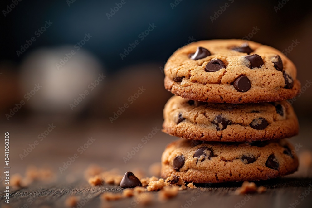 Fototapeta premium Stacked chocolate chip cookies on a wooden table