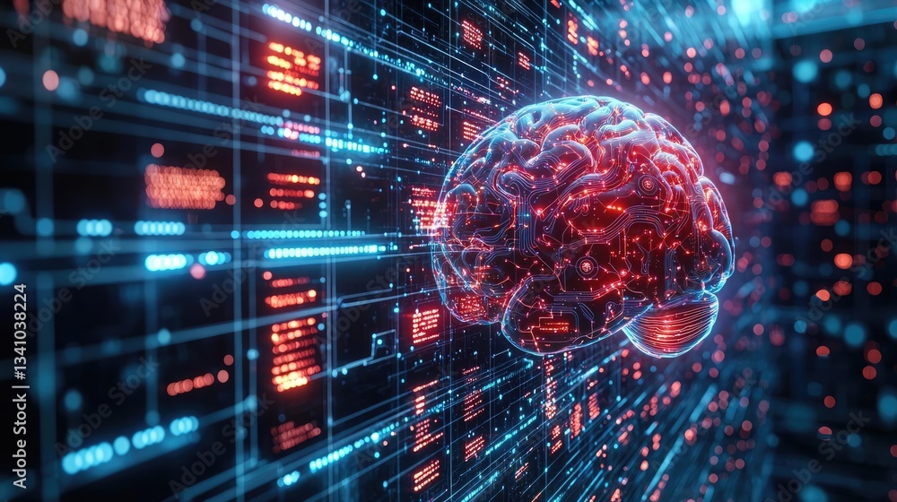 Artificial intelligence and future of network science concept. Futuristic brain visualization with digital data flow elements. Artificial intelligence and future of network science concept. Futuristic brain visualization with digital data flow elements.
