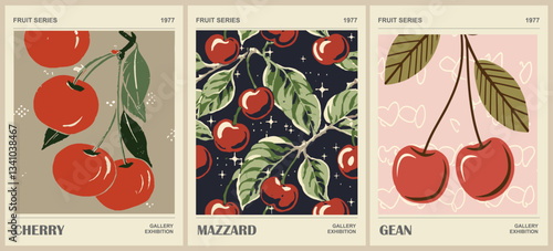 Set of Cherry fruit market posters in retro style. Kitchen wall art. Colorful vector illustrations