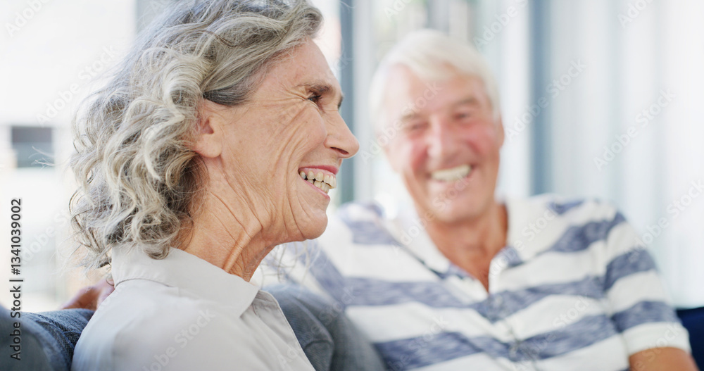 Laughing, senior couple and happy in home, talking and romance for relationship in living room. House, old man and woman in retirement, comfortable and elderly people in lounge, funny or marriage Laughing, senior couple and happy in home, talking and romance for relationship in living room. House, old man and woman in retirement, comfortable and elderly people in lounge, funny or marriage