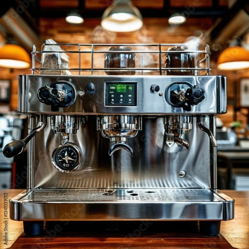 Coffee machine in an office with steam over a cup and metallic control panel. Generated AI