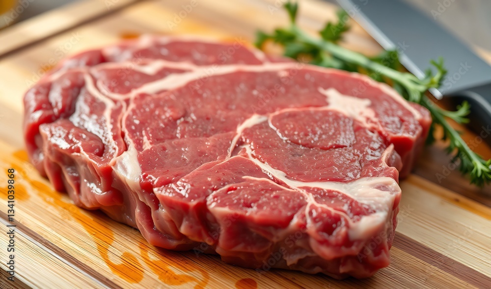 Rich red raw steaks beautifully arranged on wooden board. AI Generated Rich red raw steaks beautifully arranged on wooden board. AI Generated
