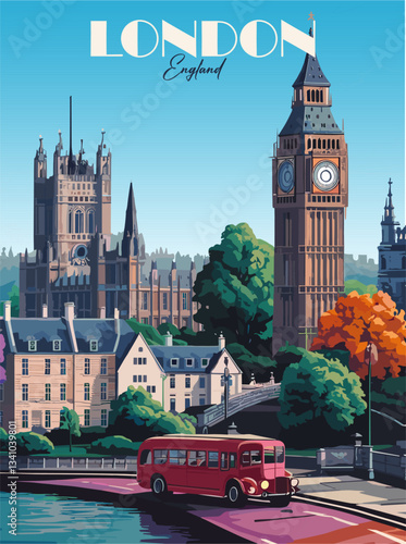 London, England travel destination poster in retro style. Vintage colorful vector art illustration
