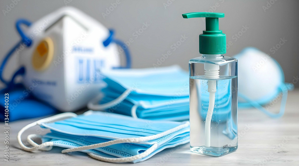 Sanitizer and medical masks on the table, symbols of protection and safety during the pandemic. Concept hygiene and health as crucial components of modern life. Sanitizer and medical masks on the table, symbols of protection and safety during the pandemic. Concept hygiene and health as crucial components of modern life.