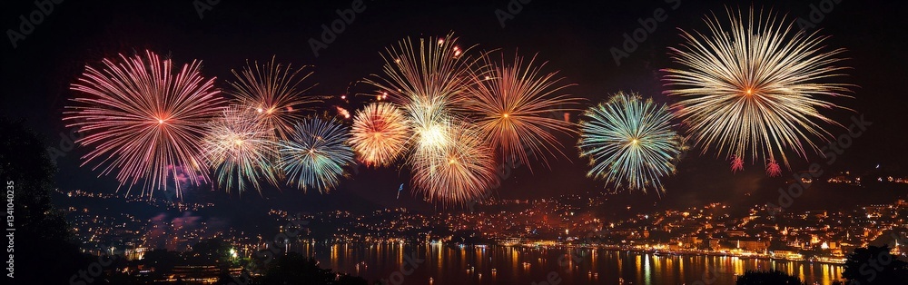 Spectacular Fireworks Display Over Cityscape at Night with Colorful Explosions Spectacular Fireworks Display Over Cityscape at Night with Colorful Explosions