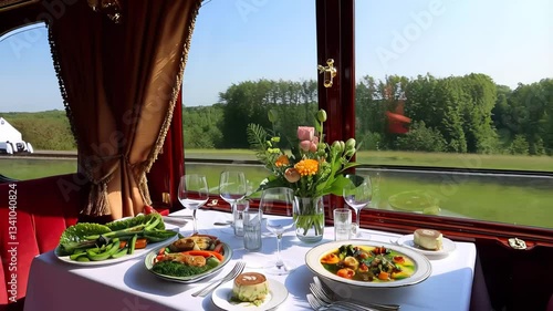Elegant dining setup inside a luxury train with gourmet food and flowers by the window overlooking green countryside

