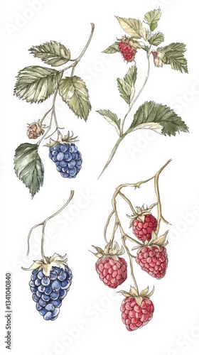 Watercolor Berries: A Detailed Botanical Illustration of Raspberries and Blackberries