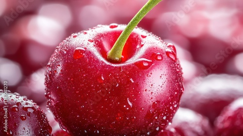 Single Red Cherry with a Green Stem, Covered in Dew, Symbolizing Juicy Sweetness