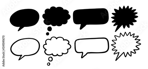 Vector illustration with hand-drawn speech bubbles and thought clouds for dialog and comics.