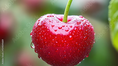 Ripe cherry with glossy red skin and water droplets, green stem, isolated on blurred background. Freshness and natural beauty in focus.
