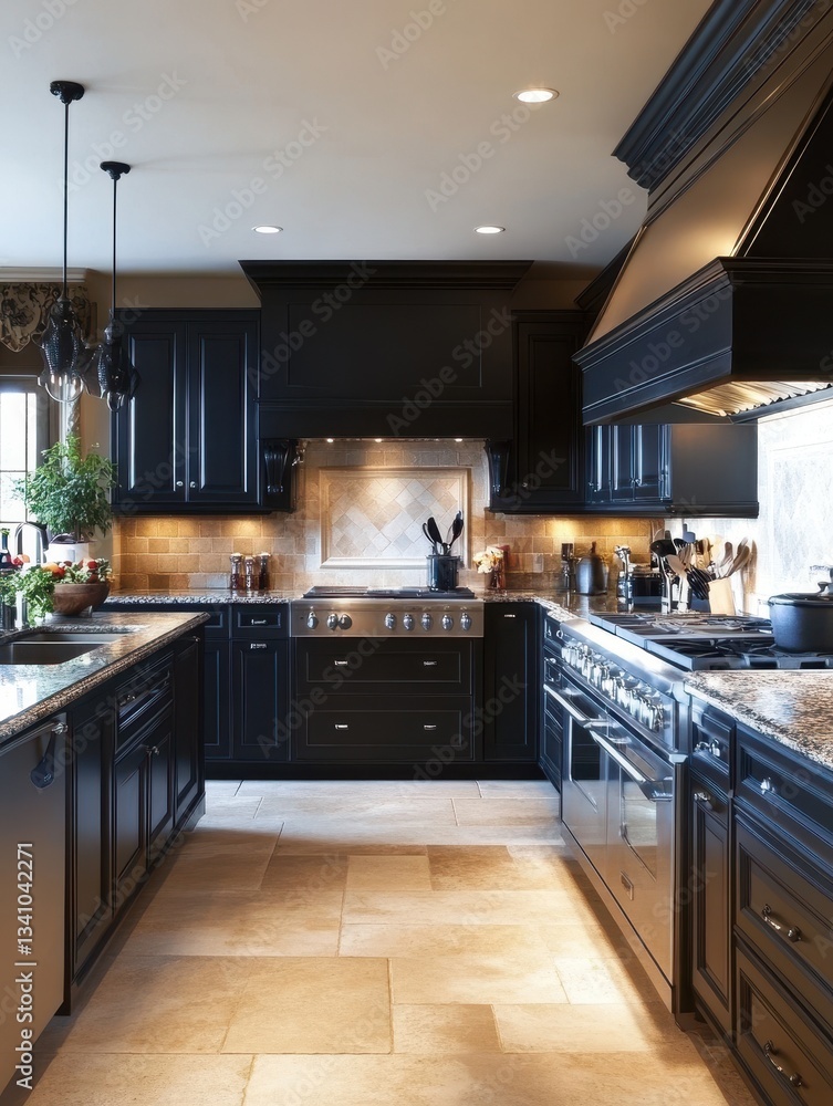 Fototapeta premium Dark Kitchen with a Stainless Steel Range and Oven