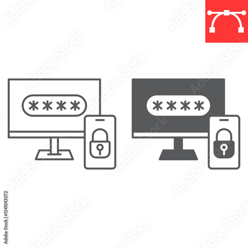 Two step authentication line and glyph icon, security and protection, 2FA two factor authentication vector icon, vector graphics, editable stroke outline sign, eps 10.