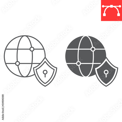 Globe with padlock line and glyph icon, security and vpn, network security vector icon, vector graphics, editable stroke outline sign, eps 10.