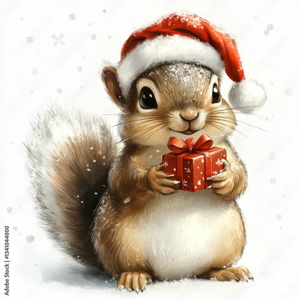 Cute chubby squirrel in a Santa hat holding a tiny wrapped gift in a snowy winter landscape for Christmas celebrations Cute chubby squirrel in a Santa hat holding a tiny wrapped gift in a snowy winter landscape for Christmas celebrations