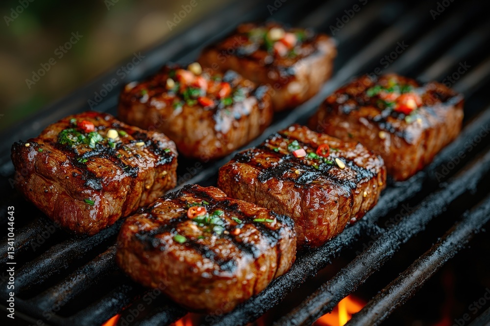 Three Juicy Steaks Grilling on a Dark Metal Grill, Seasoned With Herbs and Spices, Creating Visible Grill Marks and Enticing Aromas Three Juicy Steaks Grilling on a Dark Metal Grill, Seasoned With Herbs and Spices, Creating Visible Grill Marks and Enticing Aromas