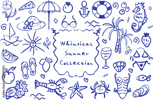 Whimsical Summer Vacation Collection hand drawn doodle style. Retro coastal print. Sea shell in blue on white. Sea life background, Marine set with sea shells. Vector illustration