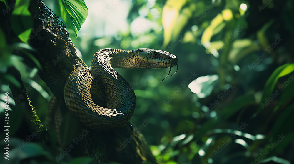 Naklejka premium Majestic King Cobra Coiling Around a Tree in a Dense Jungle