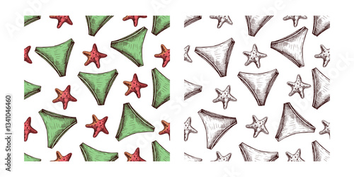 hand drawn colored and monochrome seamless pattern with bikini bottoms and starfish in vintage style