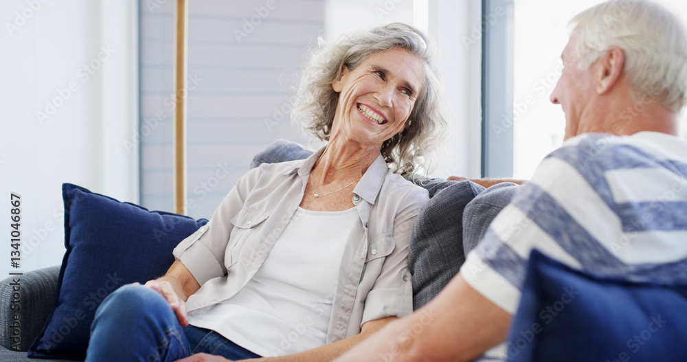 Fototapeta premium Relationship, senior couple and conversation in home, happy and bonding with smile in living room. House, old man and woman in retirement, comfortable and elderly people in lounge, calm and marriage
