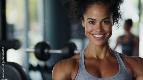 Empowered sportswoman lifting dumbbells in modern gym photo