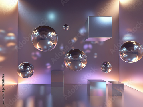 Floating spheres and cubes with blue-to-violet gradients, suspended in a dark background. Bright accents create reflections and depth. Soft shadows enhance volume. Ultra-high resolution.