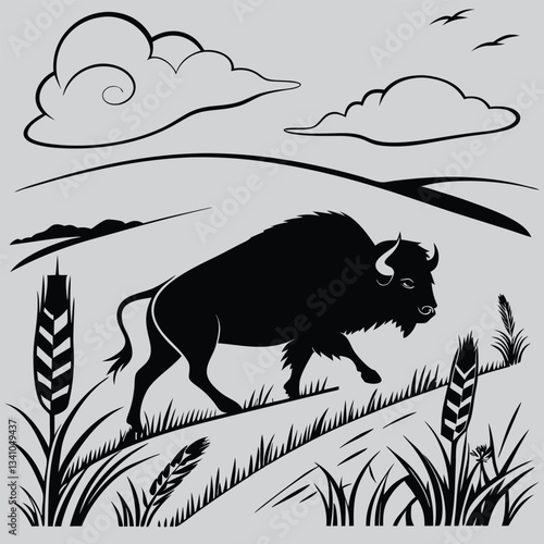 a bison charging through the prairie silhouette vector design art and illustration