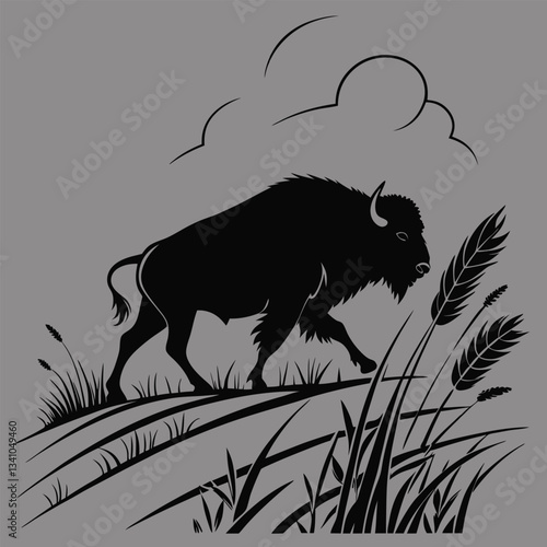 a bison charging through the prairie silhouette vector design art and illustration