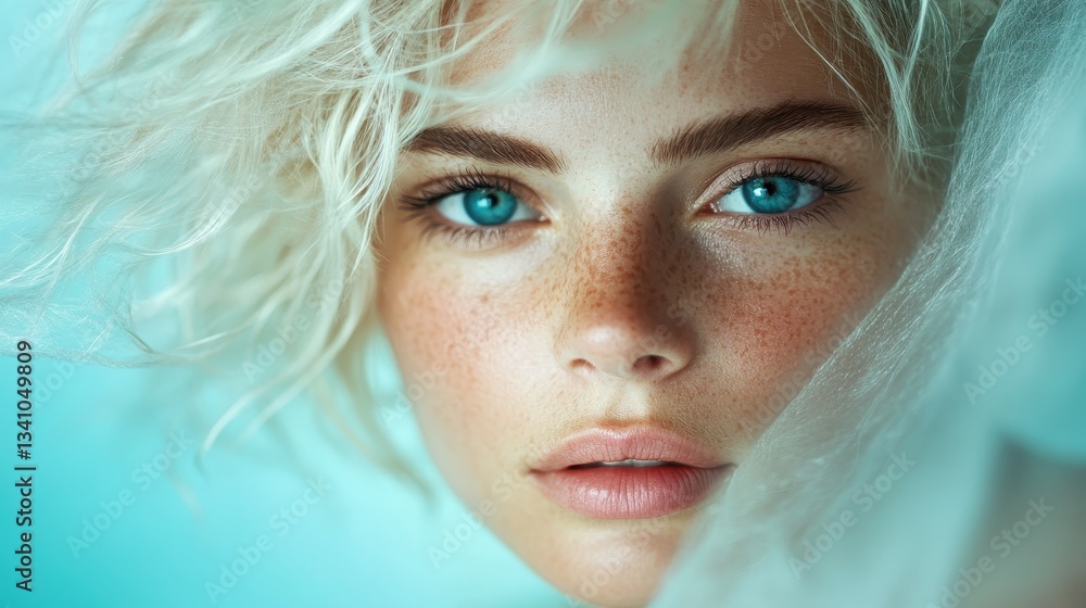 A mesmerizing close-up of a beautiful freckled blonde woman, showcasing her striking blue eyes and soft features against a light background, radiating positivity. A mesmerizing close-up of a beautiful freckled blonde woman, showcasing her striking blue eyes and soft features against a light background, radiating positivity.
