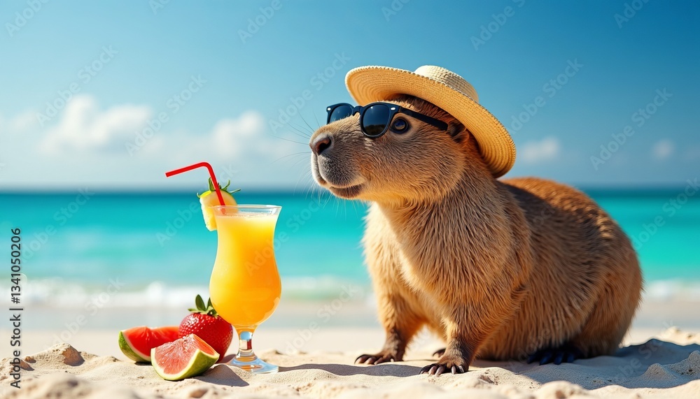 A cheerful capybara relaxes on the beach, wearing a stylish sun hat and sunglasses while enjoying a colorful drink. This scene embodies the spirit of summer fun and carefree beach days